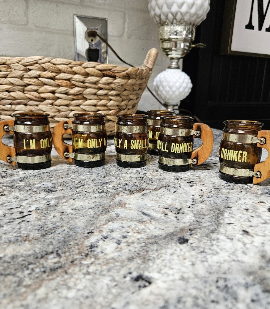 Set Of 6 Vintage 1960's Amber Barrel Shot Glass